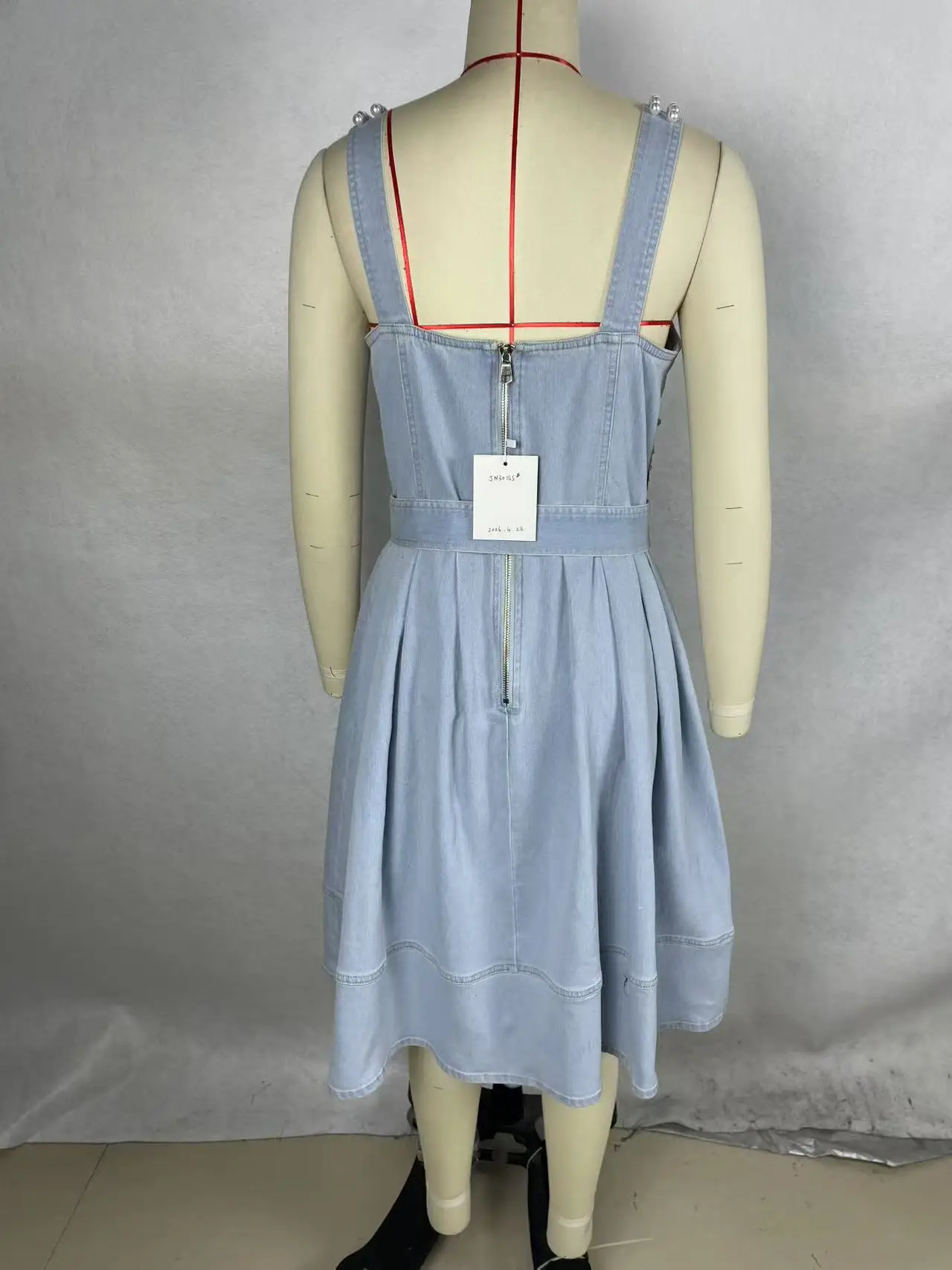 Casual Denim Off-the-shoulder Midi Skirt With Ladybug & Butterfly Motifs Pearl Buttons Light Wash For Summer Formal Style - Image 2