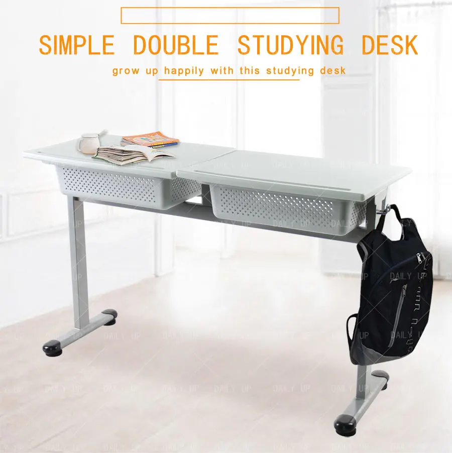 School Double Desk With Large Basket desk and chair set for school students