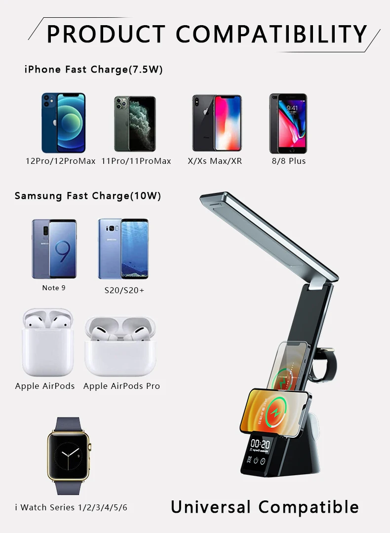 N6115w 3 in 1 Desk Organizer Wireless Charger with Table Lamp and Alarm Clock