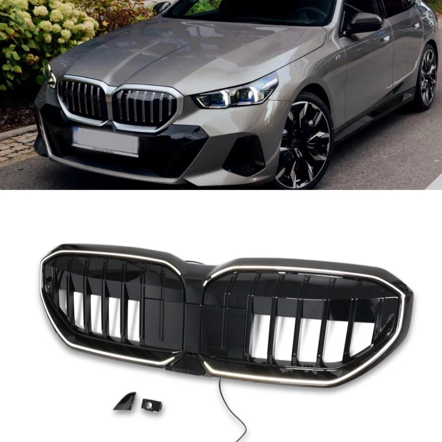 TIYPEOR Update All Black Mesh Gloss Black Single Line Front Bumper Grille LED Lamp for BMW 5 Series G60 2024