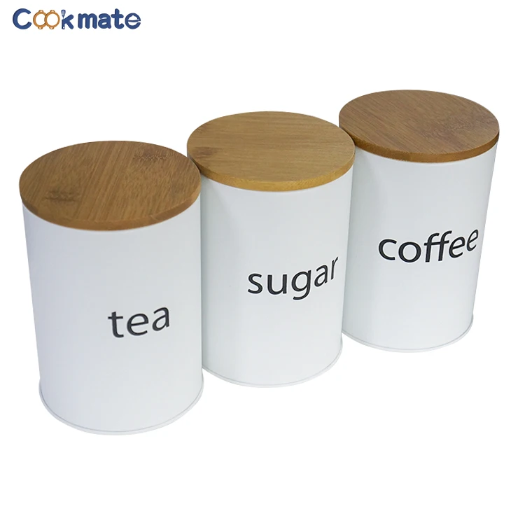 Coffee Tea Sugar Set of 3 Pack Metal Kitchen Canister Set White Food Storing Tin with Bamboo Lid