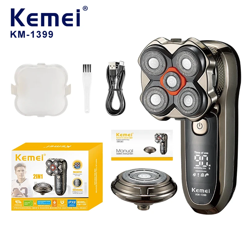 Kemei Km-1399 Rasoir masculin 2-en-1 tournant à 8500 tr/min, batterie de 600 mAh, lame magnétique, 5 lames en acier inoxydable, étanchéité IPX6, tondeuse pour tête rasée masculine, fournisseur de marque