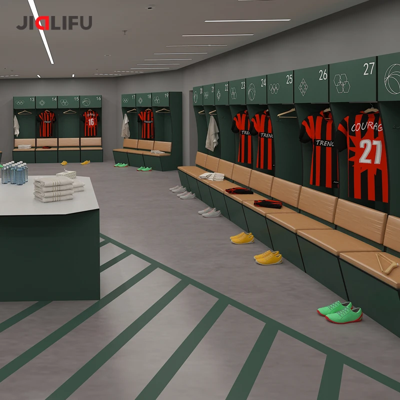 JIALIFU Customized Soccer Athlete Gym Locker HPL Wood Football Locker Room Includes Bench for Storage