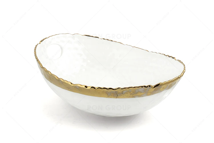 Wedding Banquet Gold Rim Ingot Bowl For Serving Food Kitchen Malleolar Stria Ceramic Salad Fruit Bowl