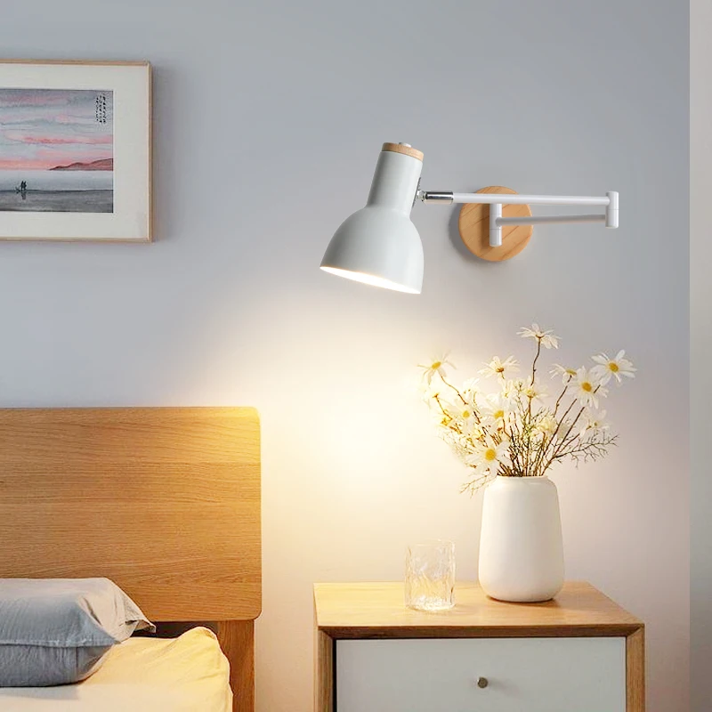 Modern E27 LED Lustre Wall Lamp Indoor Iron Wood Base with Rotatable Swing Design for Hotel or Bedroom Decoration - Image 2