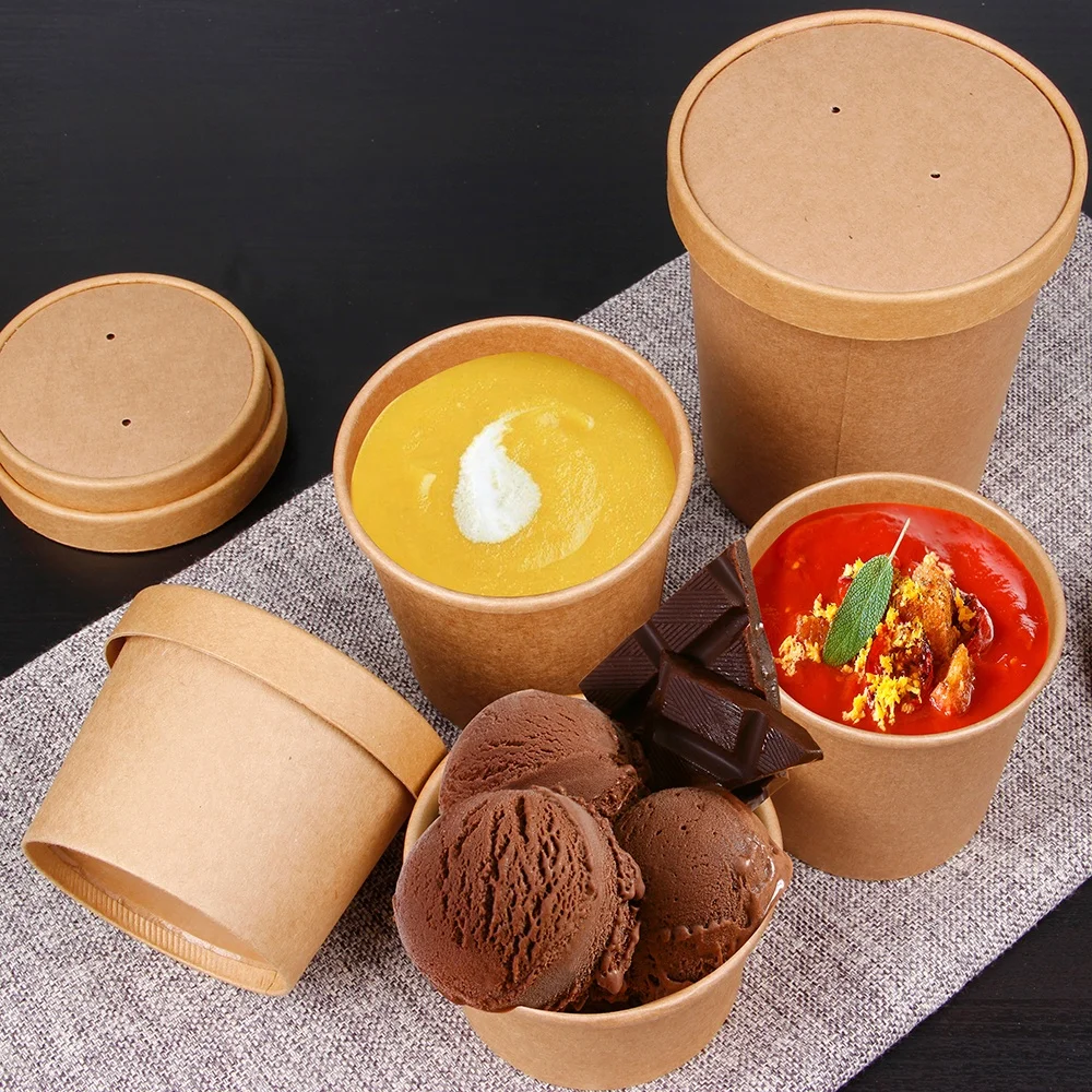 Disposable Kraft Paper Soup Cup with Paper Lid