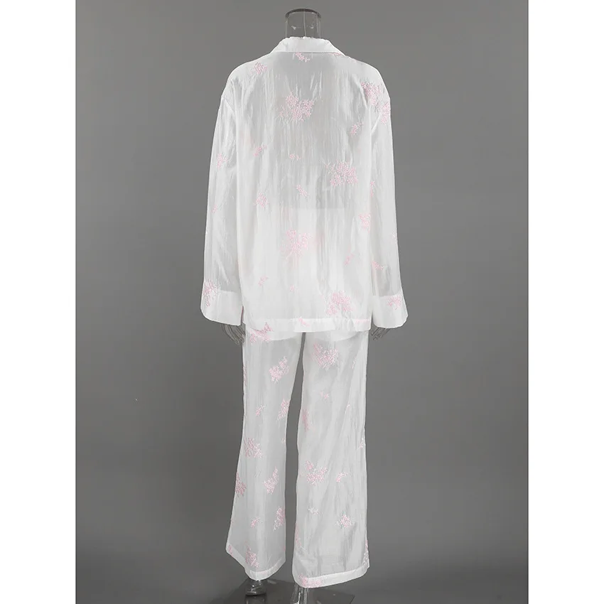 Womens Embroidered Pajama Set Long Sleeve Lapel Wide Leg Pants Smooth Quick Dry Autumn Loungewear — detail