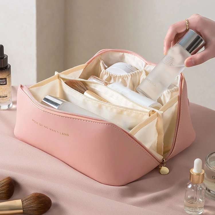 Custom LOGO Pu Leather Cosmetic Makeup Bag Pouch Skincare Cosmetic Partition Storage Waterproof Travel Toiletry Bag Make up Bags