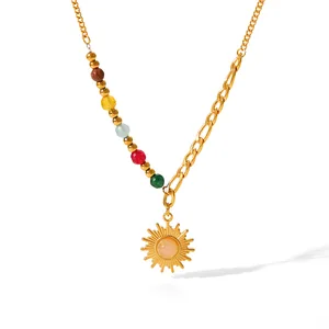 MW New Stainless Steel 18K Gold Half Color Bead Chain Half Figaro Chain Gemstone Natural Opal Stone Sun Pendant Necklace