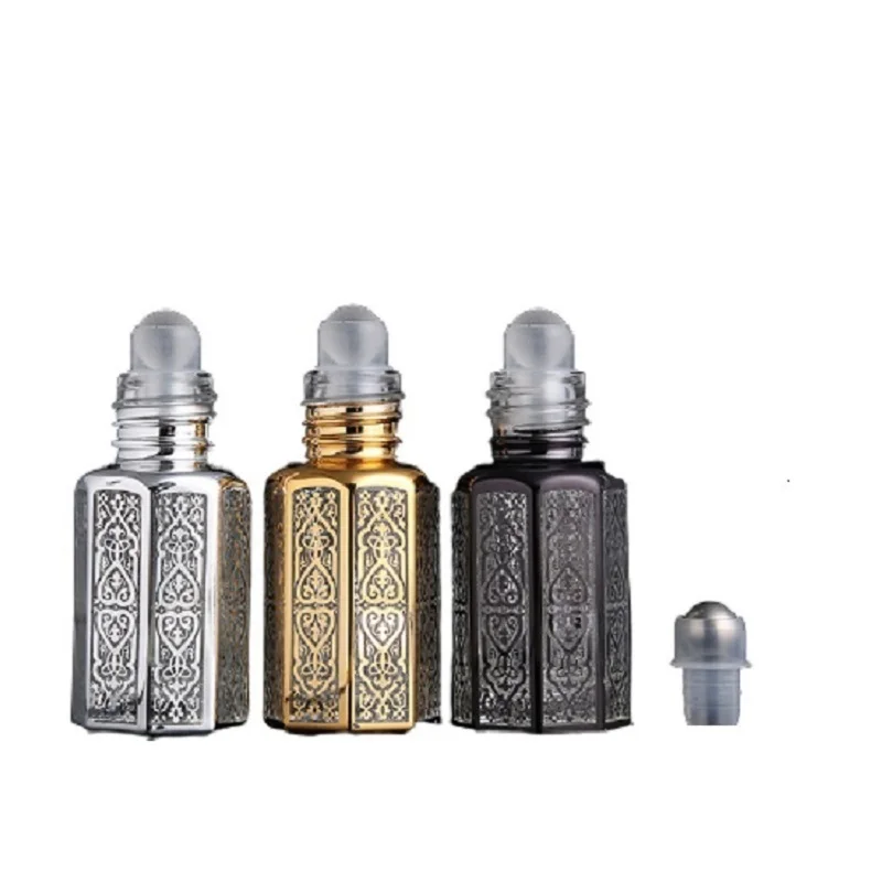 3ml 6ml 12ml Luxury Empty Glass Essential Oil Roll on Bottle Round Silver Gold Black Lid Glass Steel Bead Roller Perfume Vials