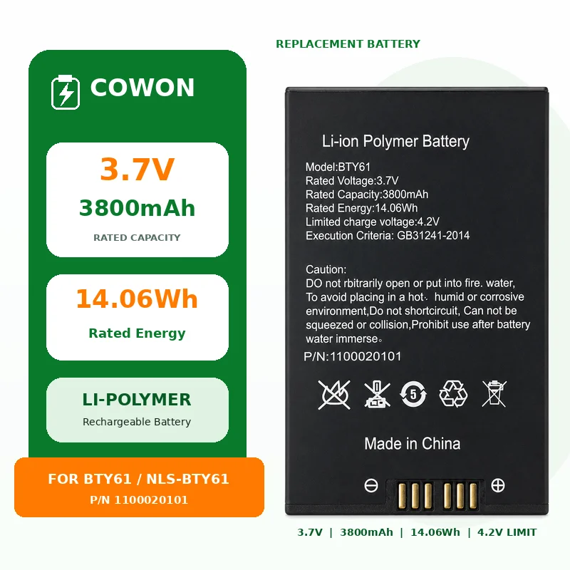 Cowon 3.7V 3800mAh BTY61  BTY60 1100020101 Li-Polymer Replacement Battery for Newland MT65 Handheld Mobile POS Terminal