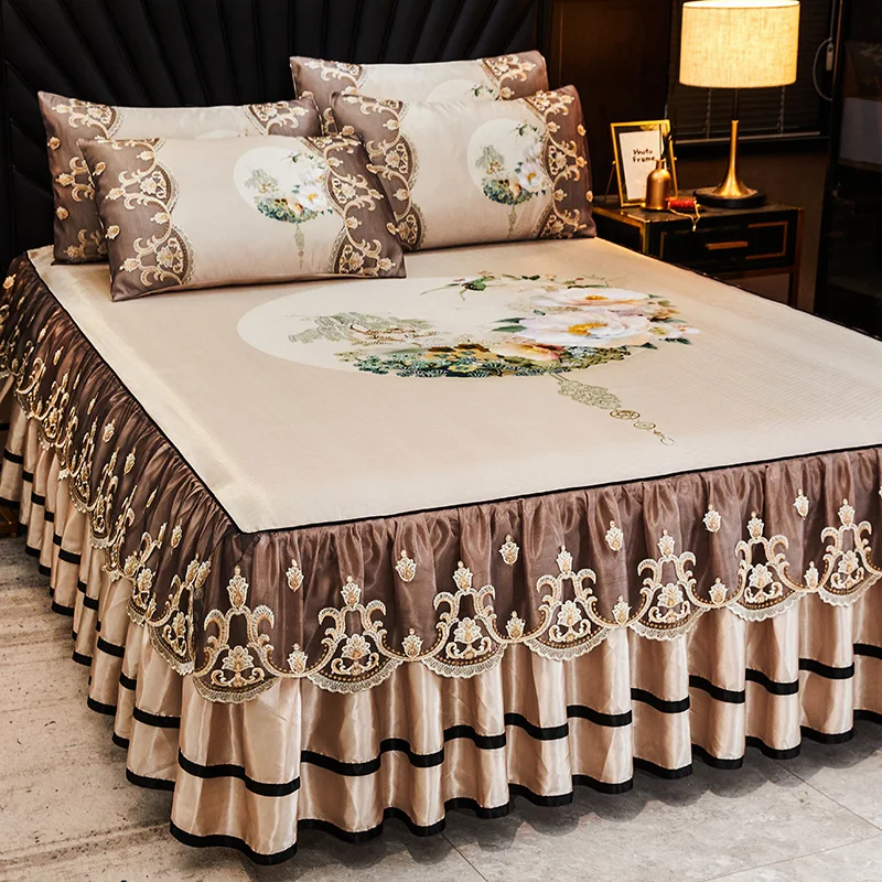 Luxury Cool Ice Silk Fiber Mat Floral Print Cooling Bed Skirt