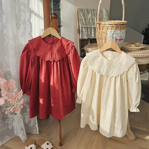 Autumn & Spring Kids Girl Dress Casual 1-6Y Princess Dress with Collar Long Sleeves Solid Pattern Button Decoration for Toddlers