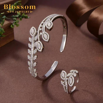 Blossom CS Jewelry Exclusive Design Quality 925 Sterling Silver Zircon Women Bangle Willow Leaf Shape Wedding Fine Jewelry Sets