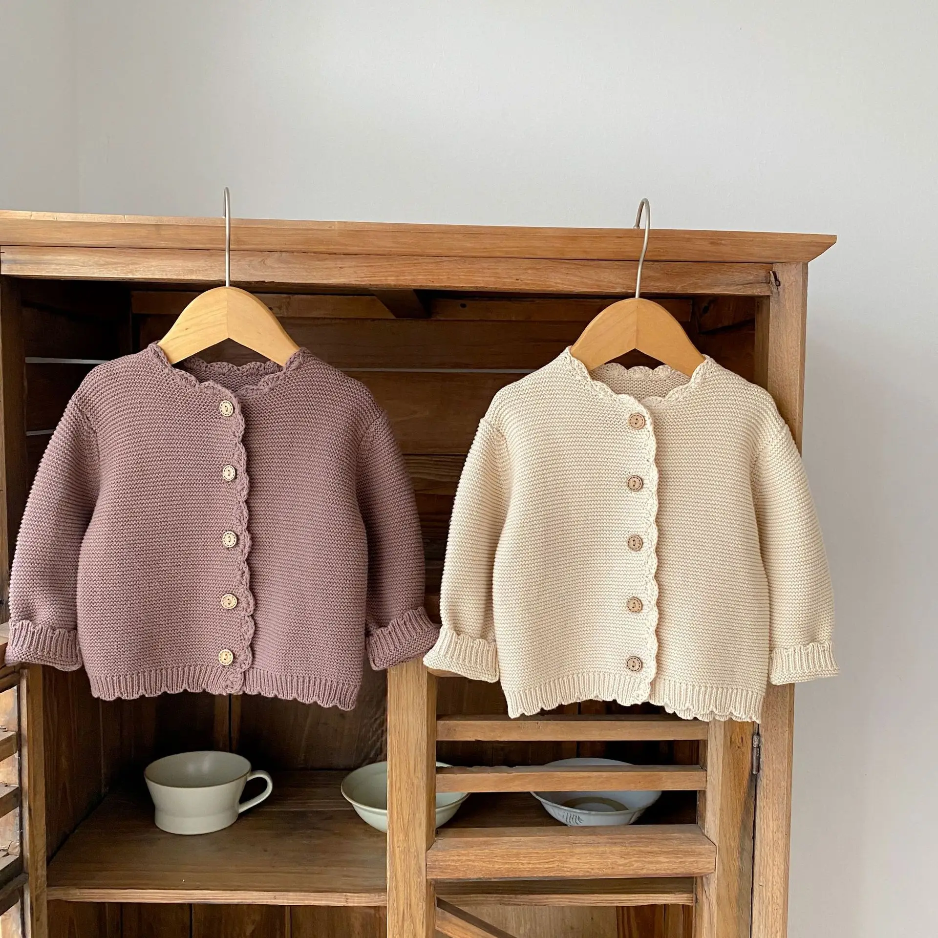 Spring baby unisex solid color long sleeve 100% cotton simple cardigan newborn fashion handmade knitted jacket