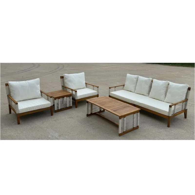 Außensofa aus Akazienholz mit PP-Seil, neu gestaltetes Outdoor-Rattanmöbel, geflochtene Rattan-Außenmöbel