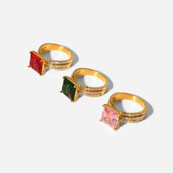 INS same titanium steel ring 18K gold-plated stainless steel jewelry square red/green/pink zircon ring for women