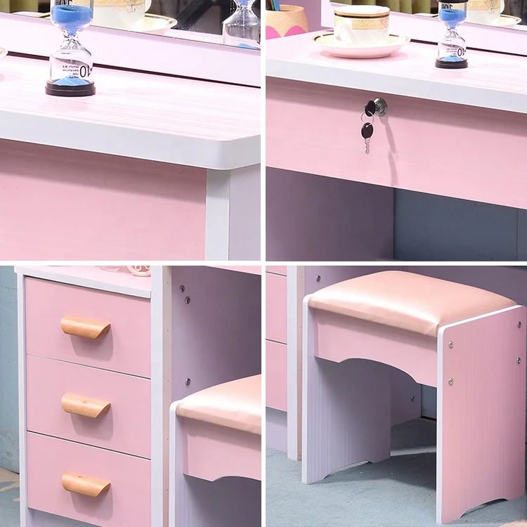 Home Furniture Women New Model Elegant pink Rectangle Mirror Dresser Table for Bedroom with Low Stool
