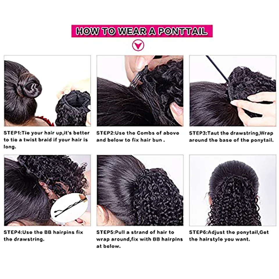Kinky Straight Human Hair Paardenstaart Extension Yaki Drawstring Natural Black voor Vrouwen_voghion.com
