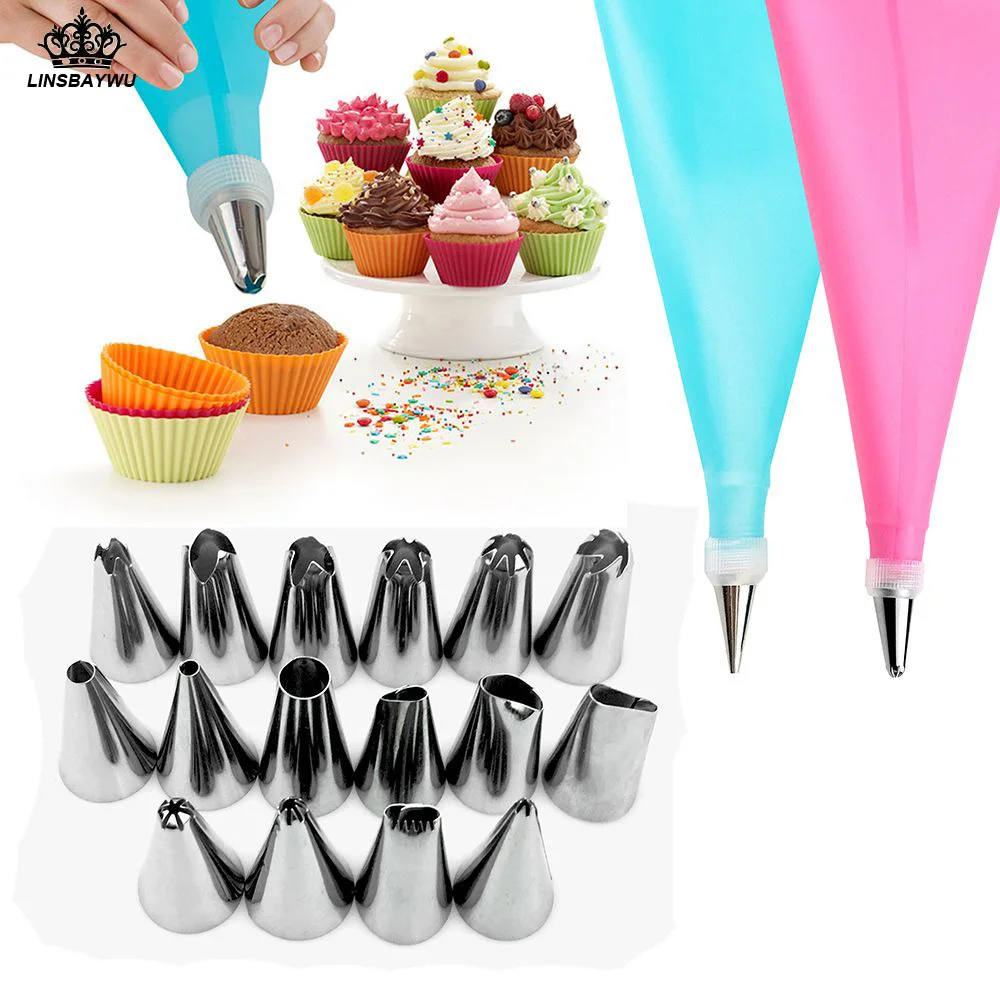 Silicone Piping Bags and Nozzle,Silicone Icing Piping Cream Pastry Bag and 20 Pcs Piping Nozzle Set for Cake Decorating，Supplies Kit Cake Boking Cupcake Icing Tools