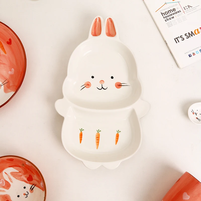 Rabbit Creative Kids Cute Animal Print Dinnerware Children Ceramic Porcelain Dinner Bowl Divided Plate and Spoon Sets details