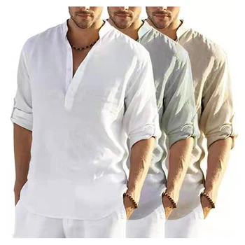 2022 Spring Mens Cotton Linen Casual Shirts Loose Long-sleeved Solid Stand Collar Cotton Linen Shirt Men