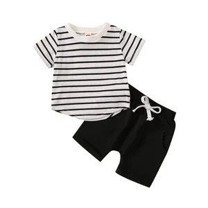 Customizable Summer Boys Striped Simple Style Round Neck T-shirt Shorts Two Pieces Kids Clothing Sets