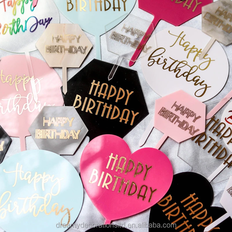 Mixed 30 Designs Happy Birthday Circular Acrylic Cake Cupcake Topper with Gold Embossing