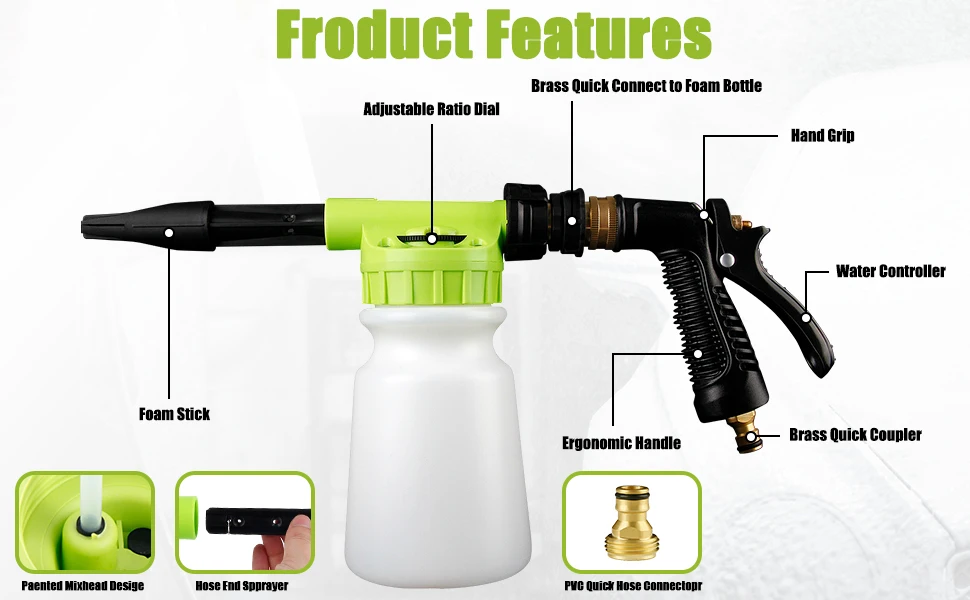 Garden Hose Car Wash Cleaning Snow Foam Cannon Lance Spray Sprayer Foam
