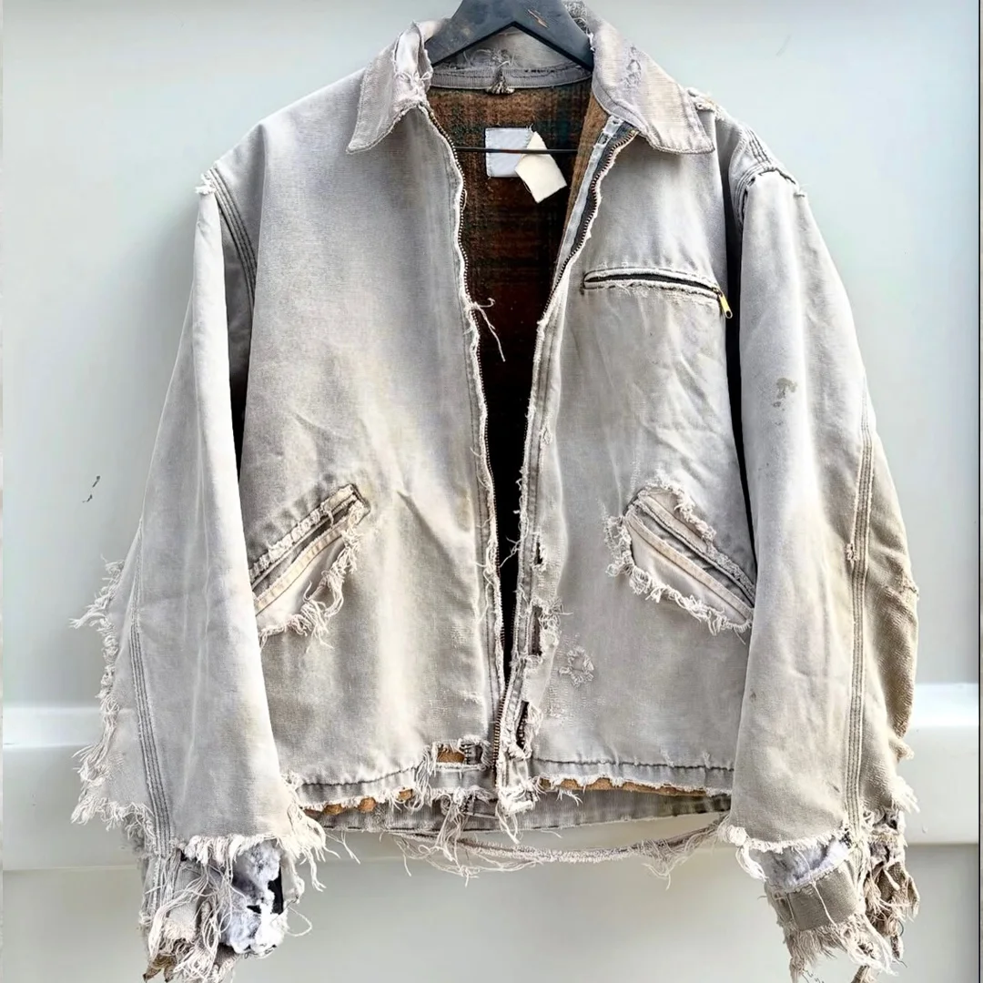 Producent kurtki typu cargo w stylu vintage z efektem kwasowego prania – 2026 r., męska kurtka z uszkodzeniami, rozdartymi detalami i efektem zużycia, 100% bawełna, przycięta, luźna, z opadającymi ramionami