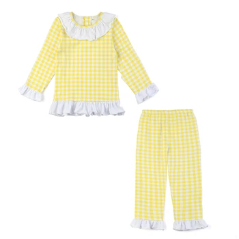 Toddle girls new design cotton knitted pajamas lemon ruffle long sleeve two pieces sets custom sleepwear