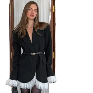 Customize Gothic Chic Solid Long Knitted Single Button Black Oversized Lace Trim Cuffs and Hem Blazer Dress for Women