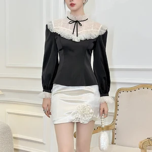 ZYHT 56015 Black Satin Blouse with White Lace Ruffle Collar Bow Tie Jacket Puff Long Sleeves Vintage Style Formal Top