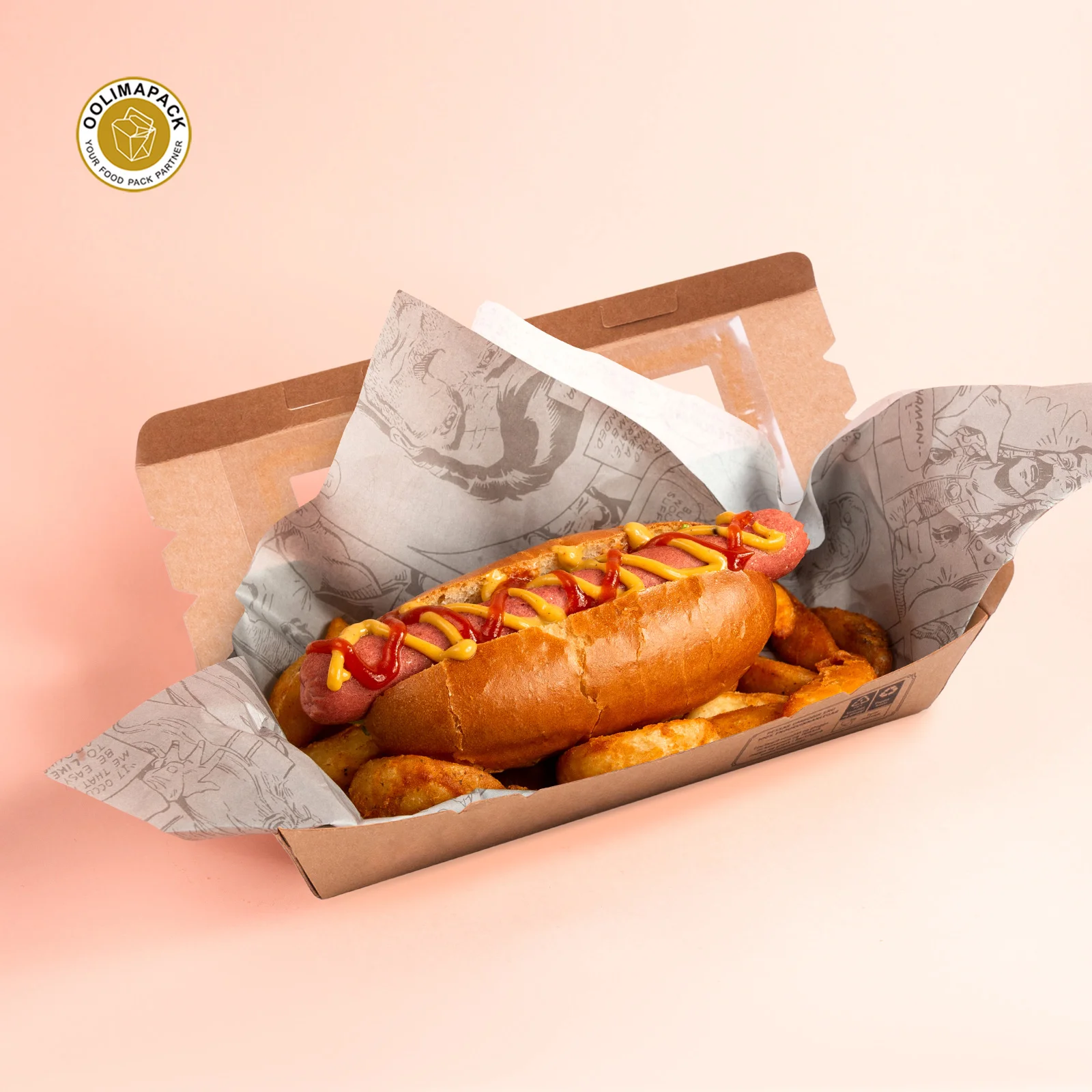 OOLIMA Customization Compostable Foldable Hot Dog Packaging Box  Kraft Disposable Food Takeaway Hot Dog Tray