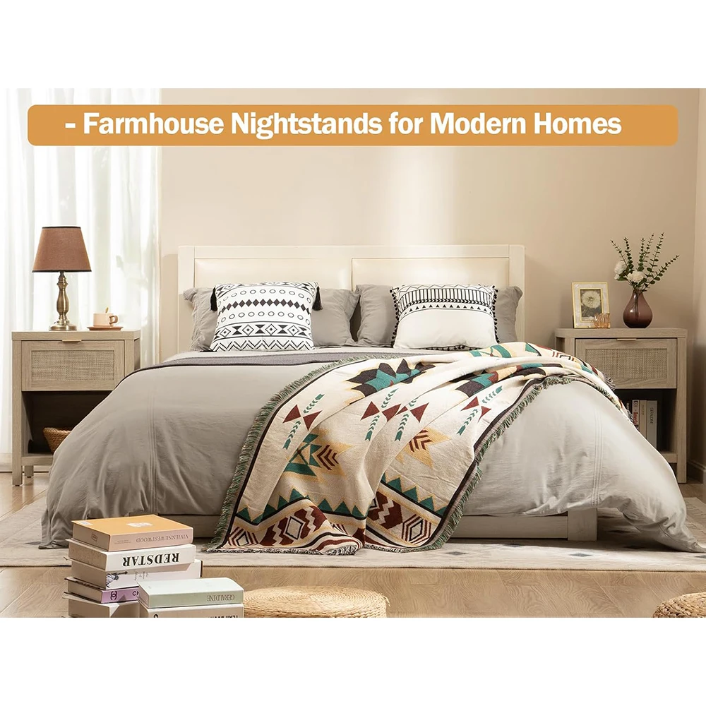 product modern rattan nightstands with drawer  open shelf farmhouse boho design for bedroom and living room light oak-1