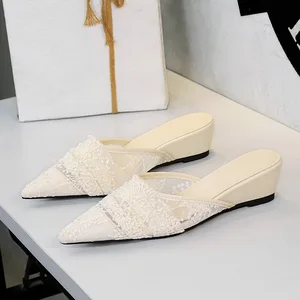 French Fashion Trend Autumn Slippers Women's Lace Mesh Pointed Shallow Mouth One Pedal Wedge Elegant Outer Wear Half-drag Rubber