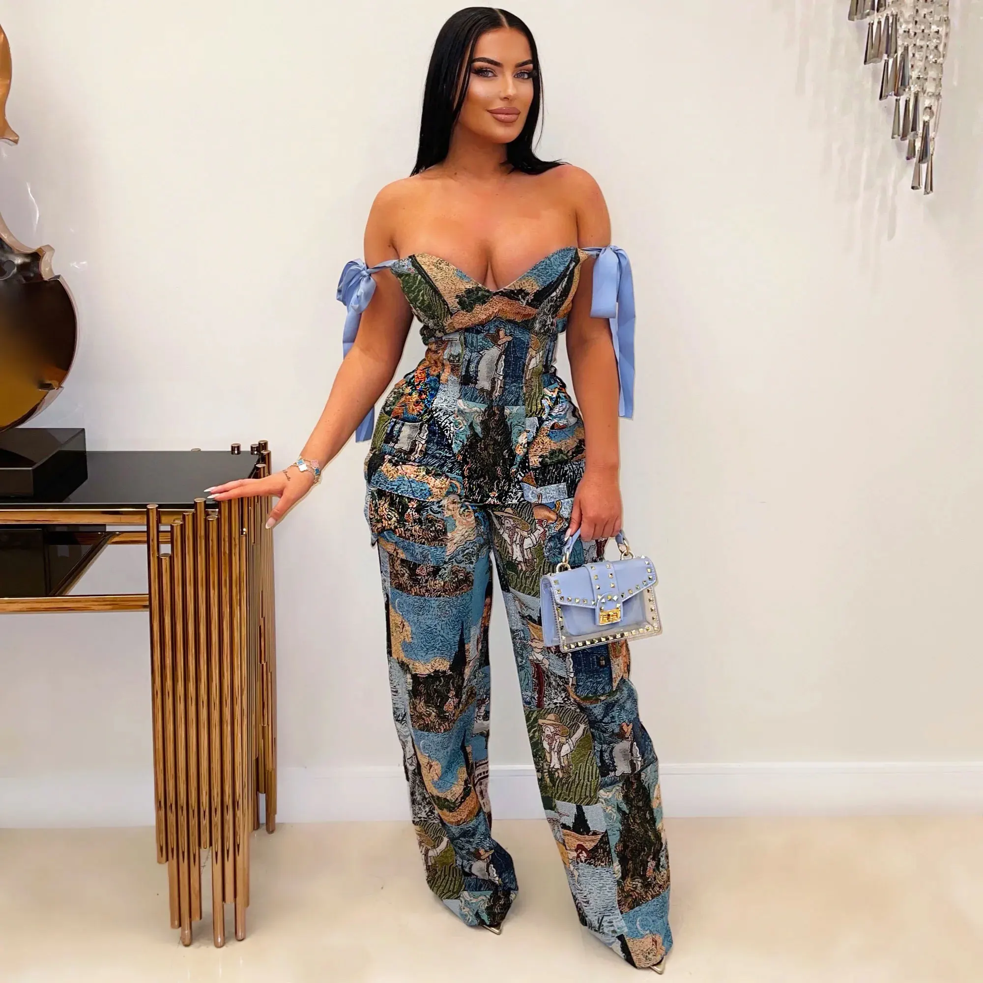 New Fall Print Two Pieces Pants Set With off Shoulder Tube Top Corset and Print Wide Leg Pants