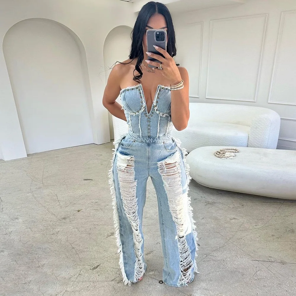 Vintage Hole Tassel Denim Jumpsuit Women 2023 New Fashion Sexy Off Shoulder  Club Party Romper One Piece Ripped Washed Jumpsuits - Buy Denim