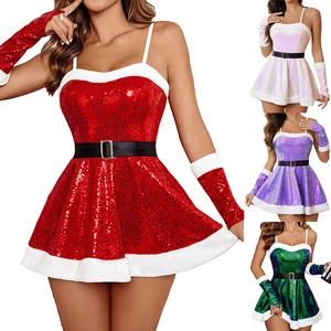 New Factory Custom Christmas Party Dress Women's Sequin Short Skirt With Belt Christmas Sexy Dress Four Piece Set