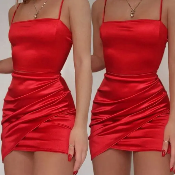 Wholesale Vestido corto satinada para mujer, sin mangas, brillante, liso, rojo, Natural, sedoso From m.alibaba.com
