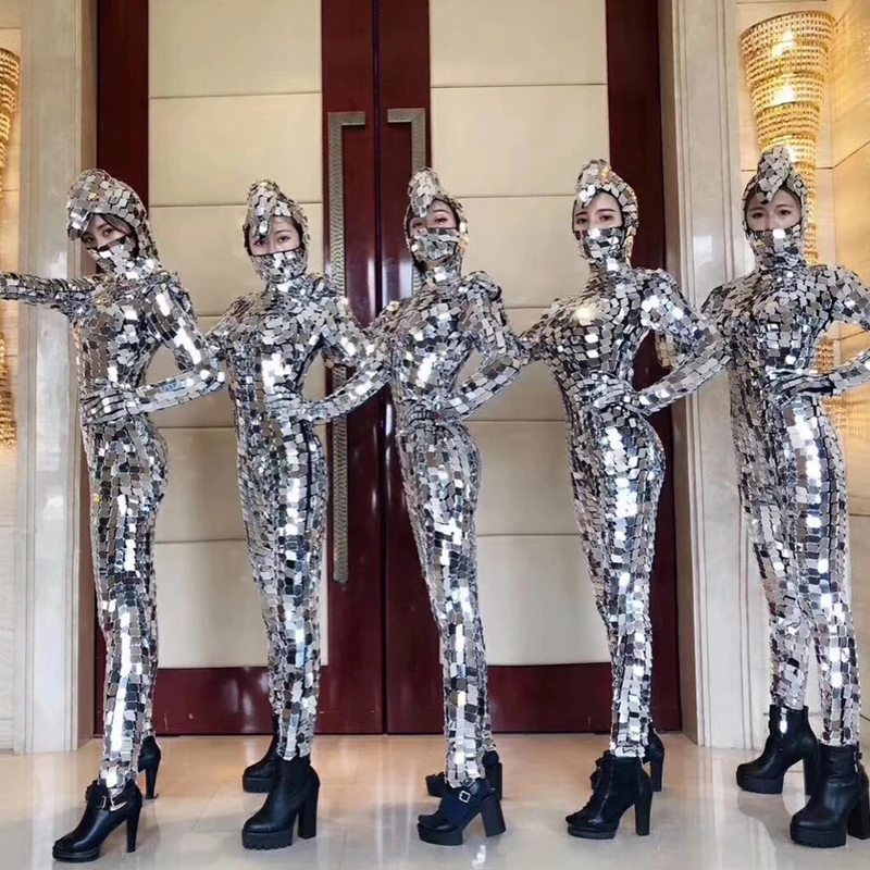 Party-flash-laser-tanz-spiegel-kostüm-brille,Schlangen-silber-kostüm,Cosplay,Mechanische Tanzrequisiten,Spiegelreflektierendes Kostüm