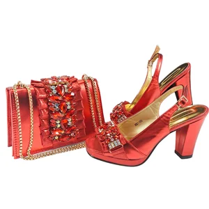 Women's Bridal Square Heel Open Toe Rhinestone Shoes & Bag Set with Genuine Leather 10cm Heel Flat Convertible Straps