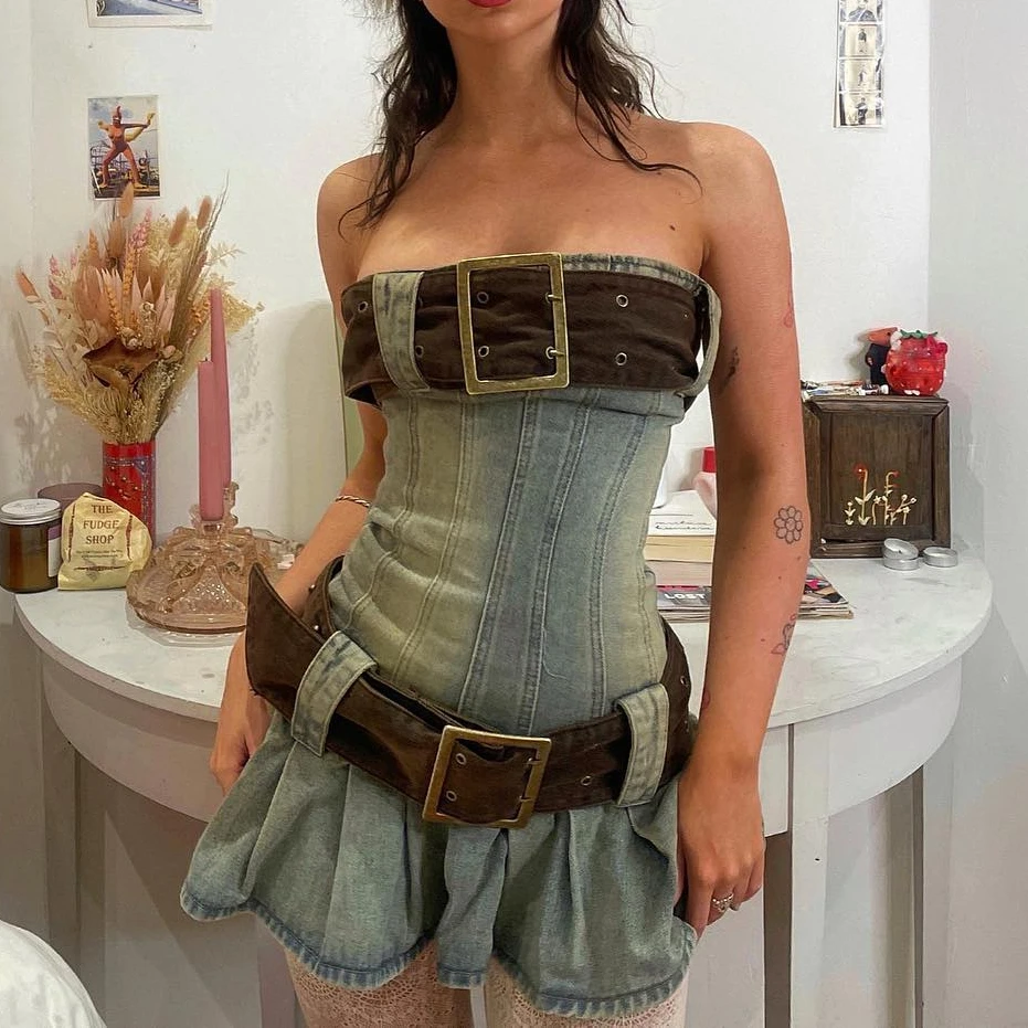 white christmas dresses TUBE BELT LOOP DENIM DRESS – Arelia's Dream main image 0