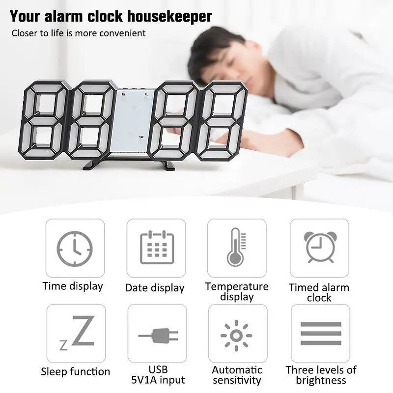 Wall Mounted Desktop Illuminate Alarm Digital 3D LED Desk Clock with Snooze Function