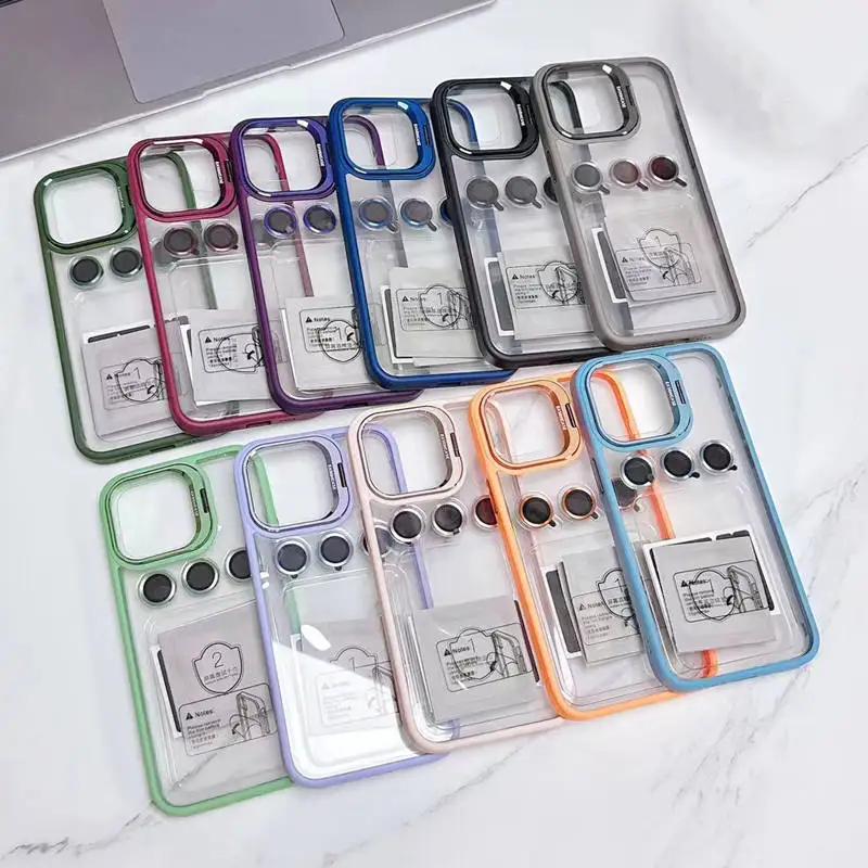 Luxury Metal Invisible Camera Stand Phone Case Clear PC Back Case With Frame Lens Protector Bracket for iPhone 15 14 13 Pro Max