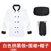 Long-sleeved white apron with black collar and hat