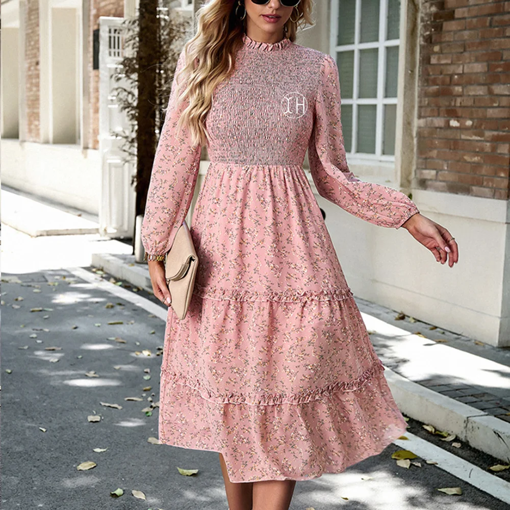 Custom Women's Fall Dress Floral Boho Dress Casual Long Sleeve Crew Neck  Ruffle A-Line Flowy Wedding Guest Maxi Chiffon Dresses