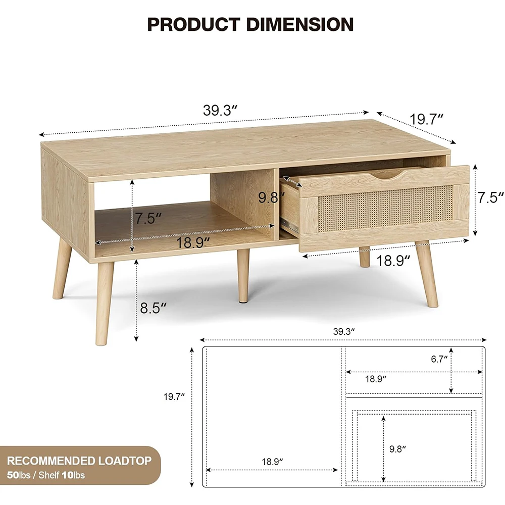 product modern coffee table with storage rattan drawer solid wood legs oak finish for living room-3