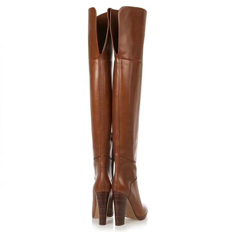 Roman Shoes Brown Leather Knight Boots for Men Women Chunky High Heel Round Toe Back Cut Comfortable Winter Boots Over the Knee
