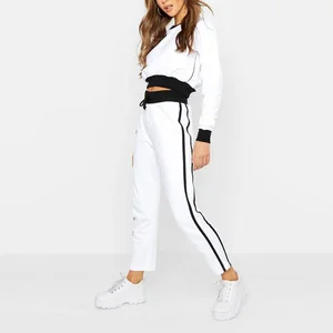 White  Two Piece Set Casual Suit Side Stripe Cropped  Sweatshirt Straight Leg Pants Ankle Tracksuit  Woman